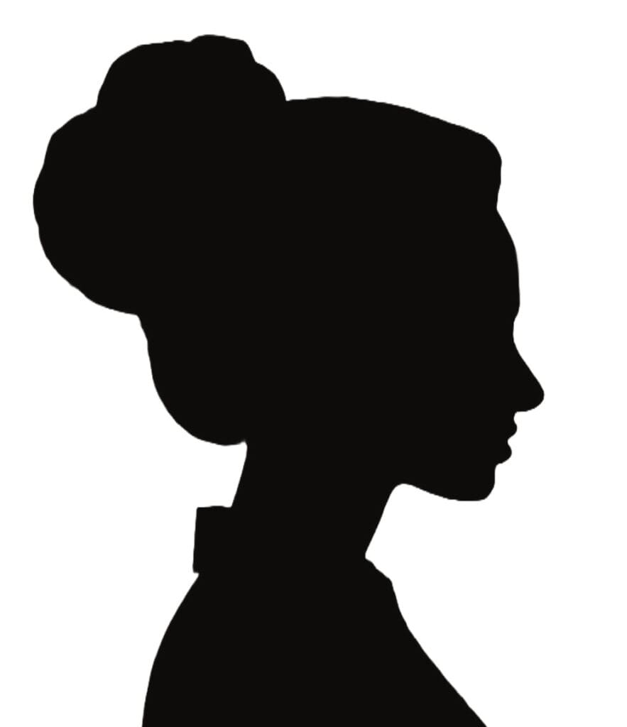 Silhouette portrait of woman with bun.  Generated AI image by Adobe Firefly.