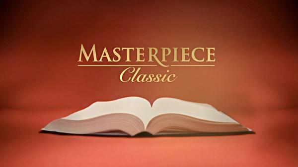 Masterpiece classic show poster image with an thick book open in the middle and a reddish background. image