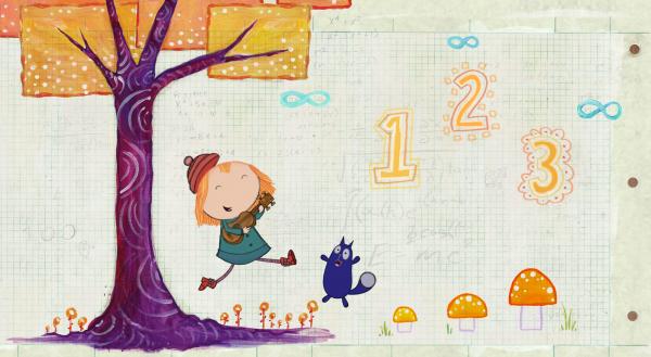 PEG + CAT show poster image: Peg and cat jumping beneath a tree. There was mushrooms on the ground, the numbers 123 in the sky, and infinity symbols as clouds. image