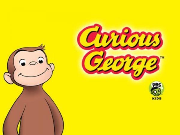 Curious George show poster image with George standing on the left hand corner of the image and the show title in the upper right center.  image
