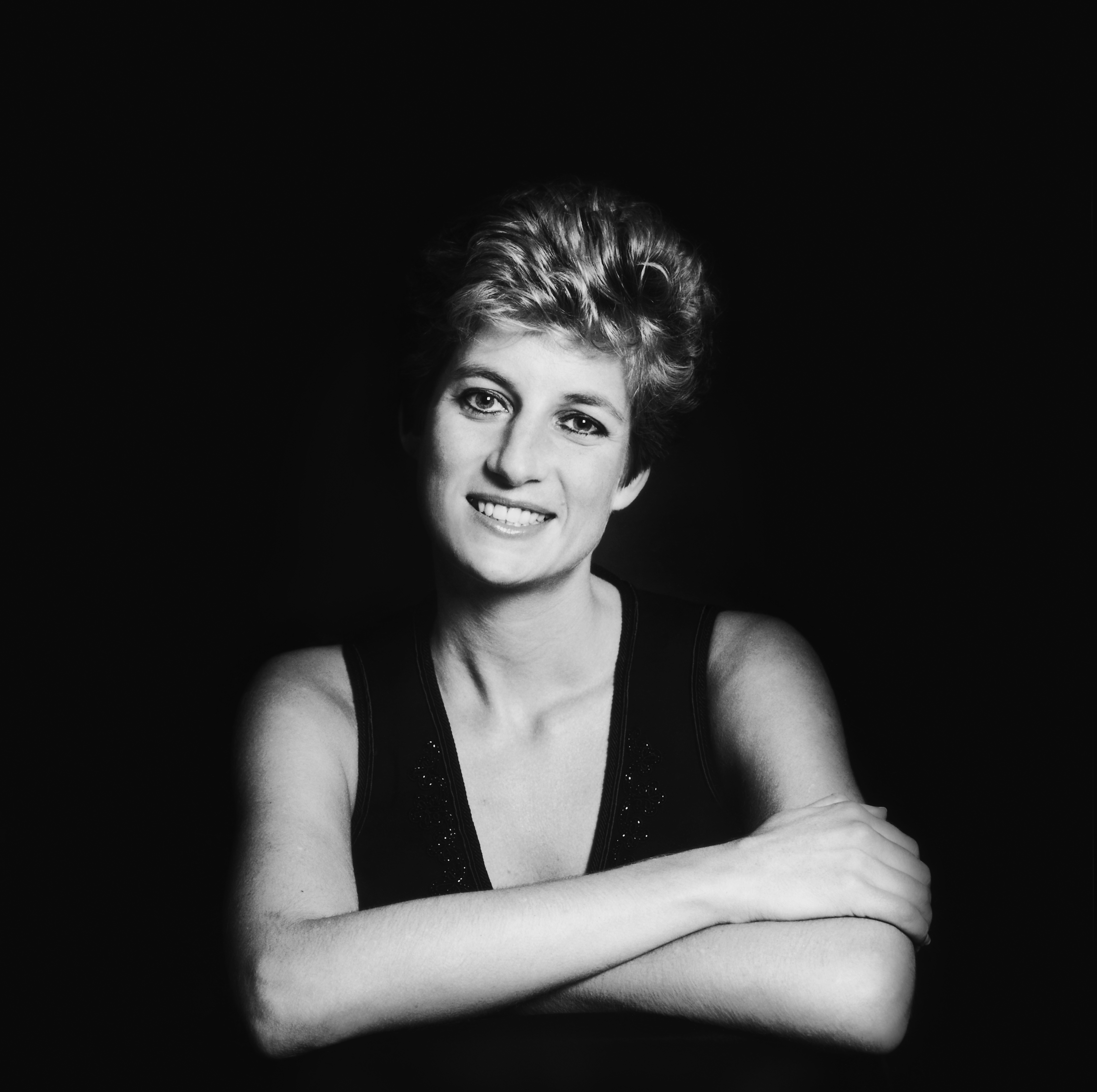 A black and white image of Princess Diana