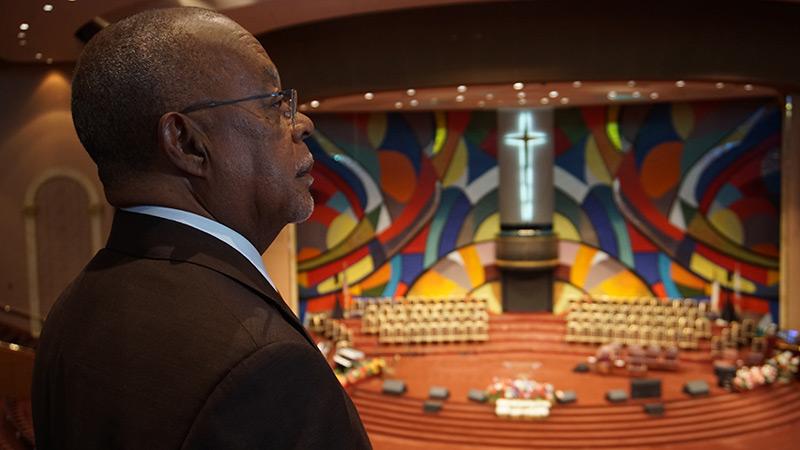 black man looking at church stage image