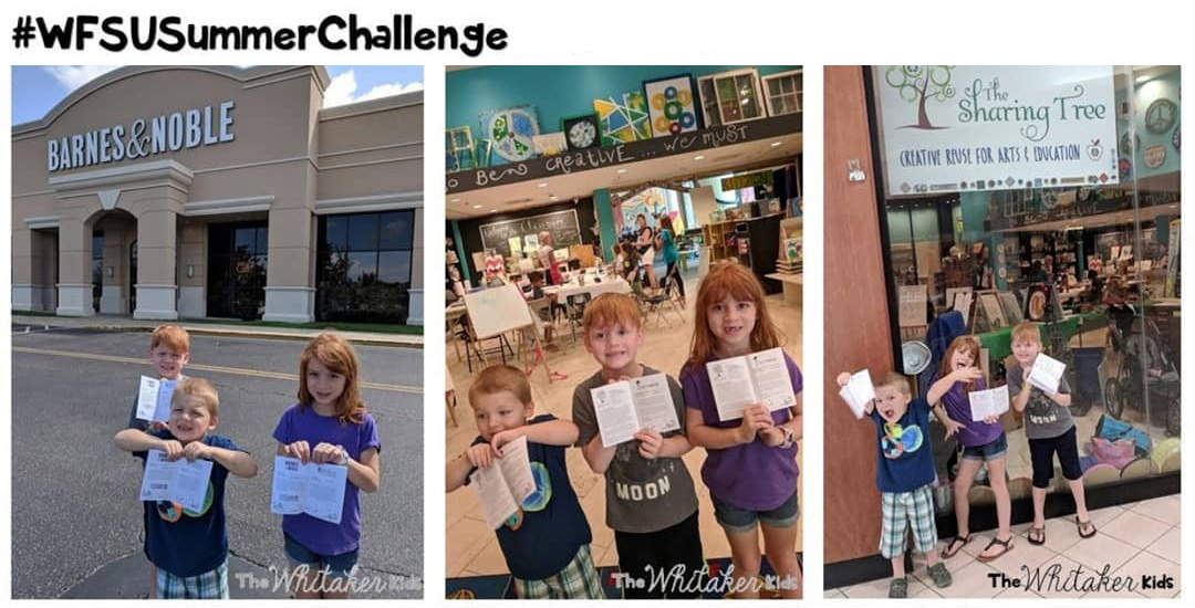 3 photos of 3 siblings doing summer challenge activities