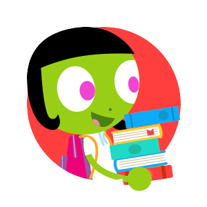 green cartoon girl holding a stack of books