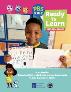 Young elementary school kid stands with a letter and drawing he has made on a poster for the 2023 Ready to Learn program guide.