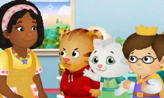 Daniel tiger and his classmates appear upset in front of the teacher.