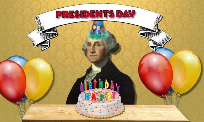 George washington sits in front of a birthday cake with a presidents day banner above him.