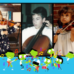 Displays images of kids playing classical stringed instruments and shows a group of PBS kids illustrations playing classical string music below.