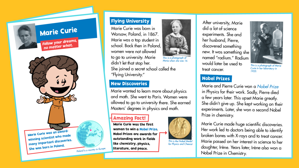 Xavier Riddle info fact sheet about Marie Curie for women's history month.
