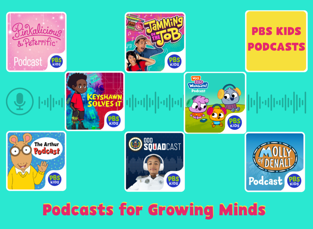 Collage of thumbnails from PBS podcasts for growing minds.