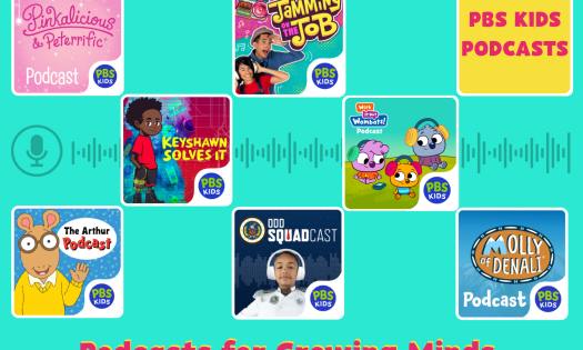 Collage of thumbnails from PBS podcasts for growing minds.