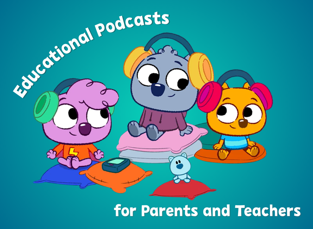 Three PBS cartoon characters shown sitting together listening to a podcast.