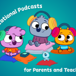 Three PBS cartoon characters shown sitting together listening to a podcast.