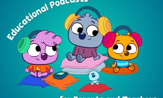 Three PBS cartoon characters shown sitting together listening to a podcast.