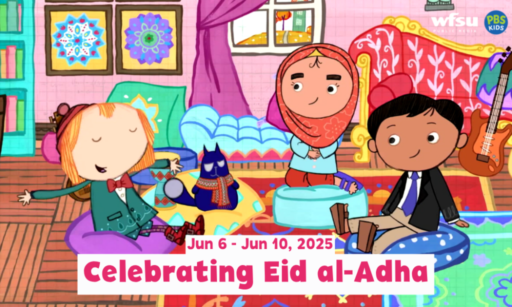 Two girls and a boy sit in a circle similing. One girls extends her arms out in celebration. Text below details the celebration of Eid al-Adha is from June 6th to June 10th 2025.