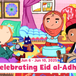 Two girls and a boy sit in a circle similing. One girls extends her arms out in celebration. Text below details the celebration of Eid al-Adha is from June 6th to June 10th 2025.