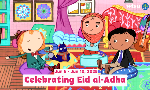 Two girls and a boy sit in a circle similing. One girls extends her arms out in celebration. Text below details the celebration of Eid al-Adha is from June 6th to June 10th 2025.