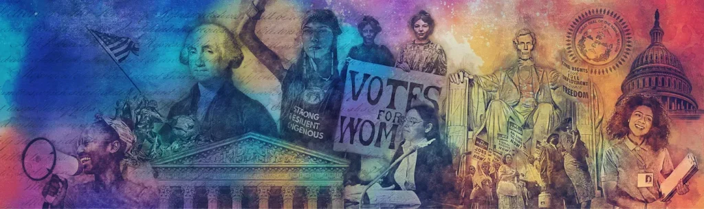 Collection of civics and american history related images with a holographic overlay.