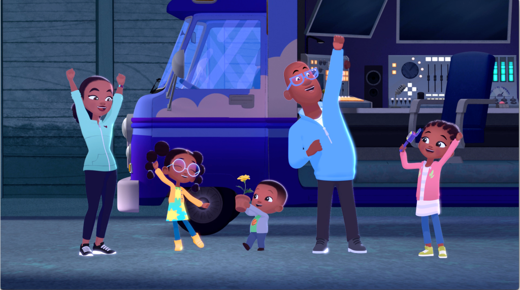 The weather hunters family stands shouting with their hands up in front of their weather tech van.