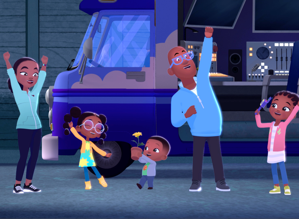 The weather hunters family stands shouting with their hands up in front of their weather tech van.