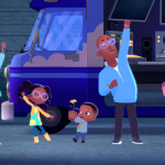 The weather hunters family stands shouting with their hands up in front of their weather tech van.
