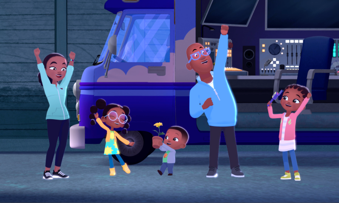 The weather hunters family stands shouting with their hands up in front of their weather tech van.