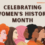 Six cartoon women of various races face to the right on a tan background.