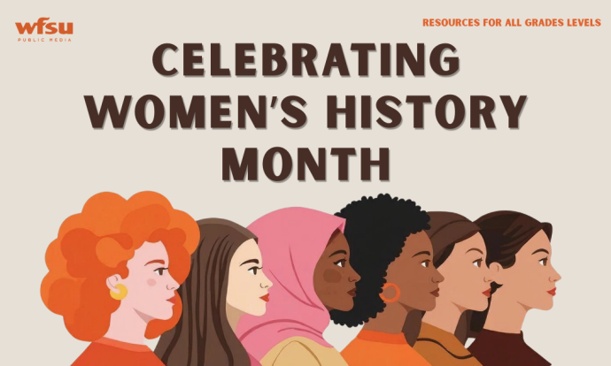 Six cartoon women of various races face to the right on a tan background.