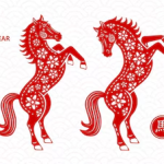 Red cartoon horses line a white background.