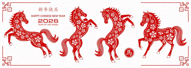 Red cartoon horses line a white background.
