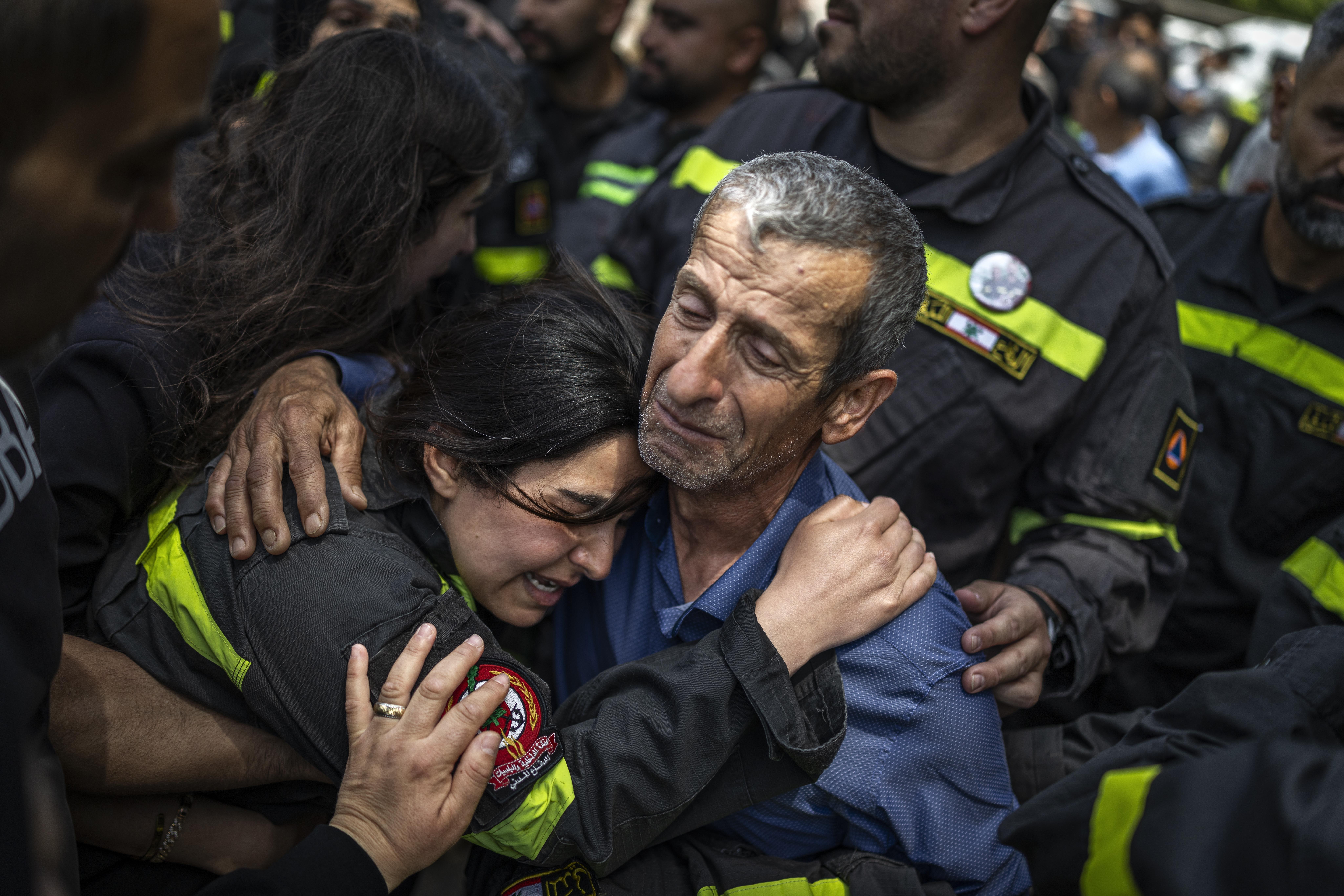 The father of Hussein Jaber, who was killed in an Israeli strike on Nabatieh, in southern Lebanon, on May 12, cries during the funeral ceremony in Sidon the following day.