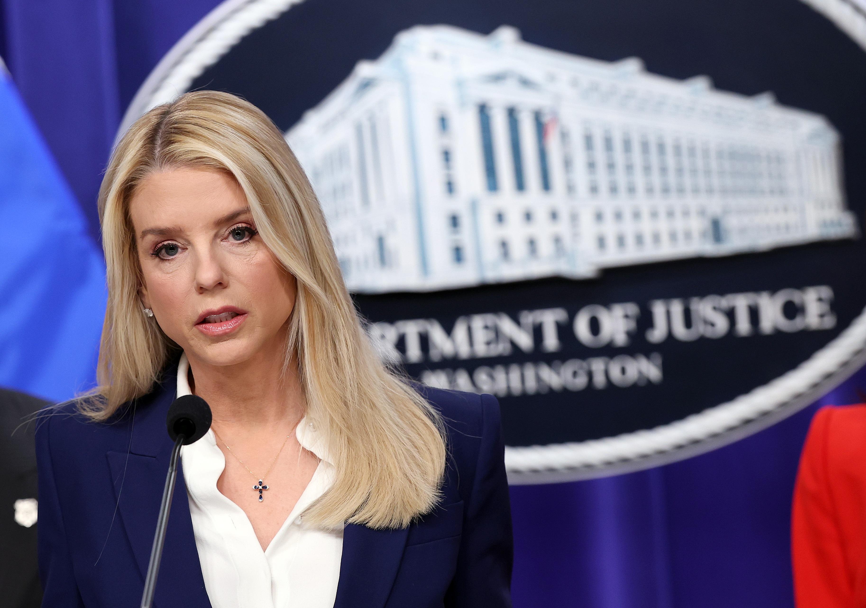 Attorney General Pam Bondi delivers remarks at the Department of Justice on Feb. 6.