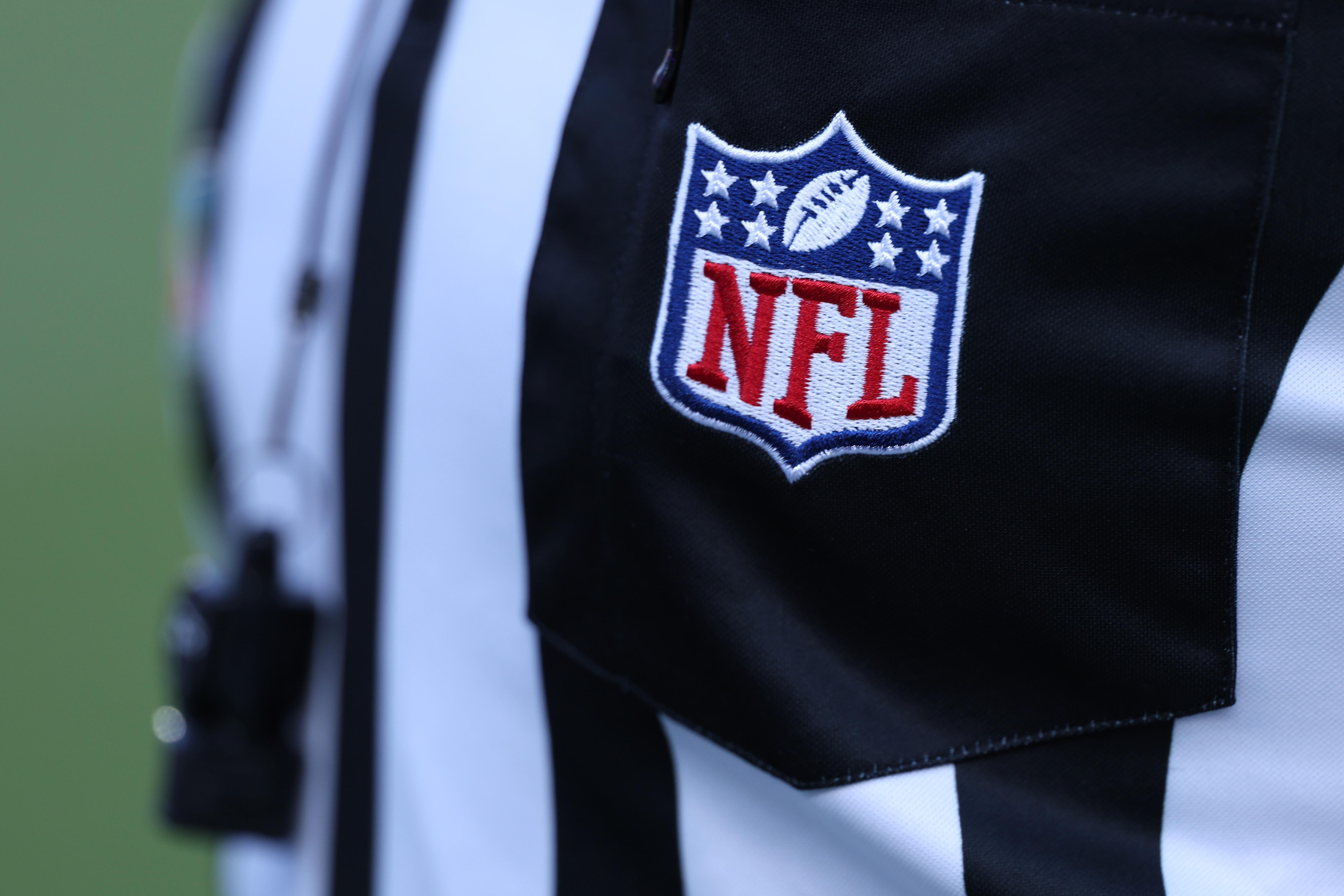 The NFL logo adorns the uniform of a referee prior to the start of Super Bowl LX between the Seattle Seahawks and the New England Patriots on February 8, 2026 in Santa Clara, Calif.