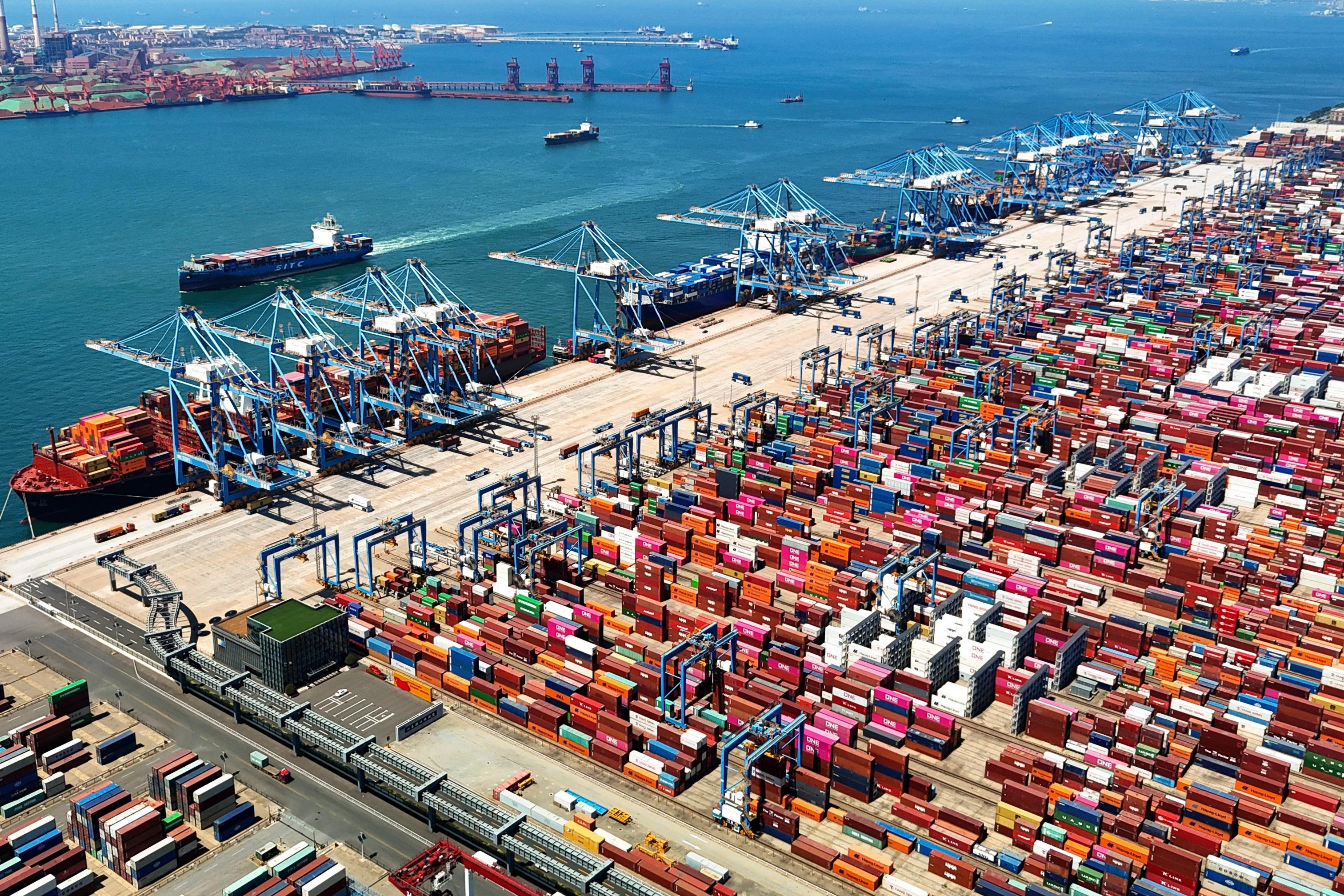 An aerial view of a container port is seen in Qingdao in east China