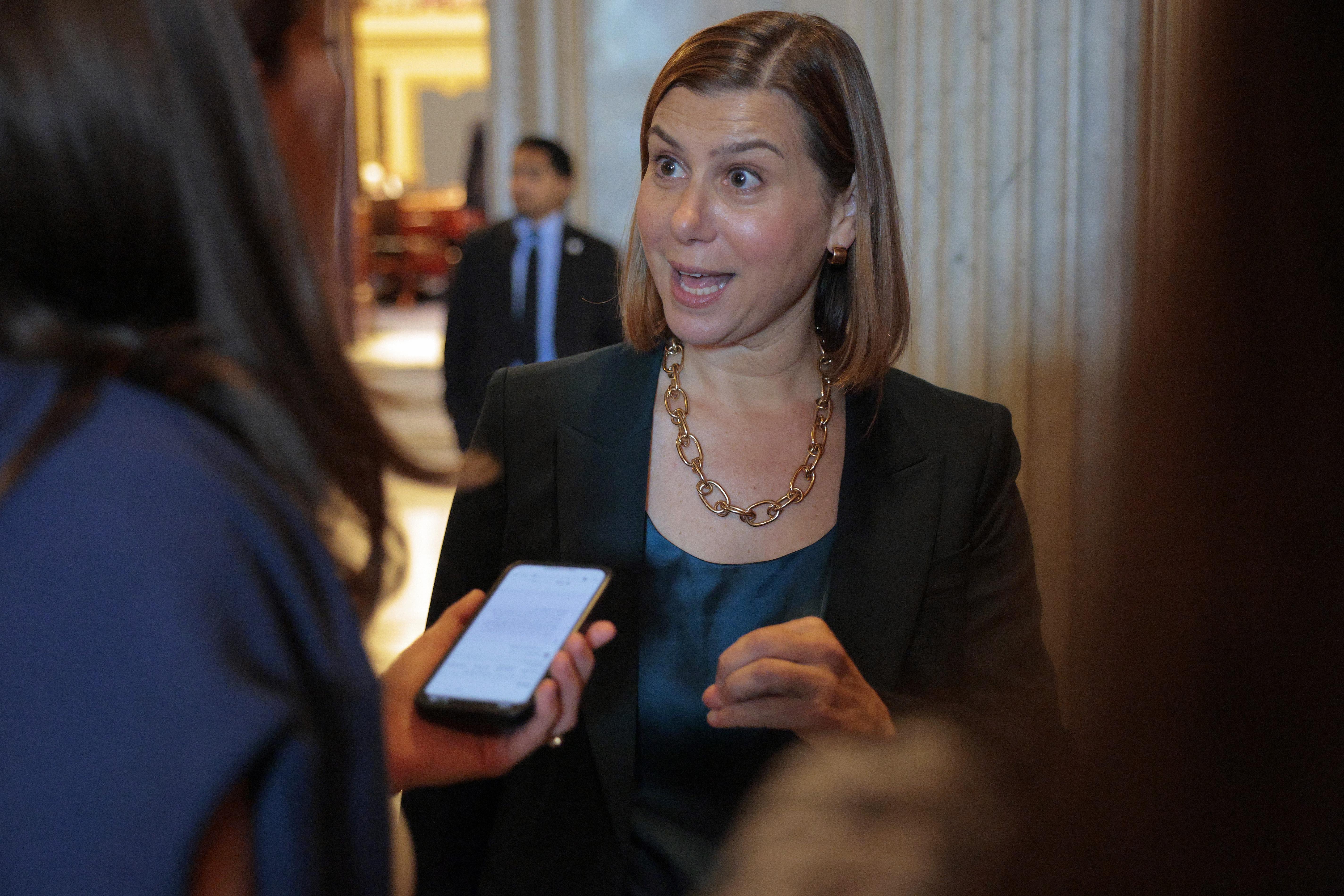 Sen. Elissa Slotkin, D-Mich., speaks to a reporter following a vote at the U.S. Capitol on Aug. 1, 2025.