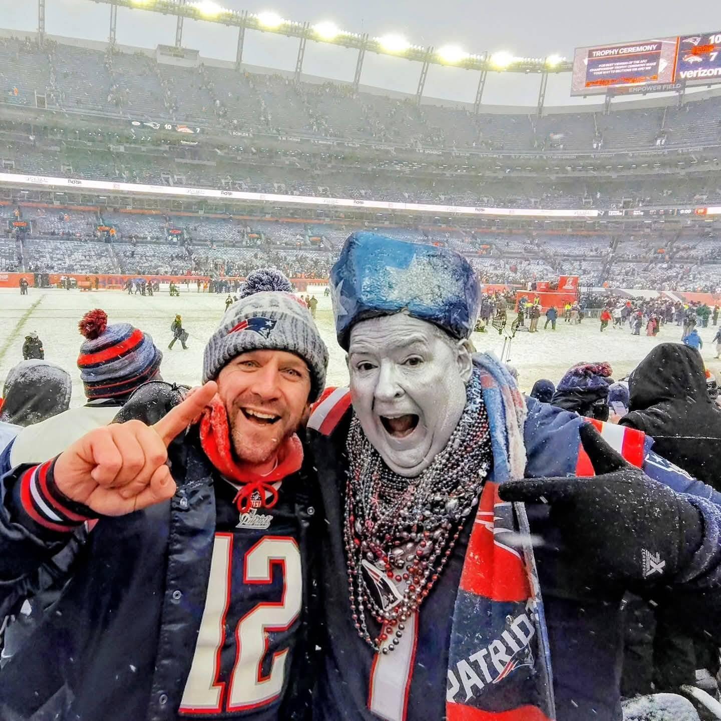 Patriots superfan Keith Birchall (right) celebrated with a friend in Denver for the AFC Championship game and was thrilled to see the Pats punch their ticket to this year
