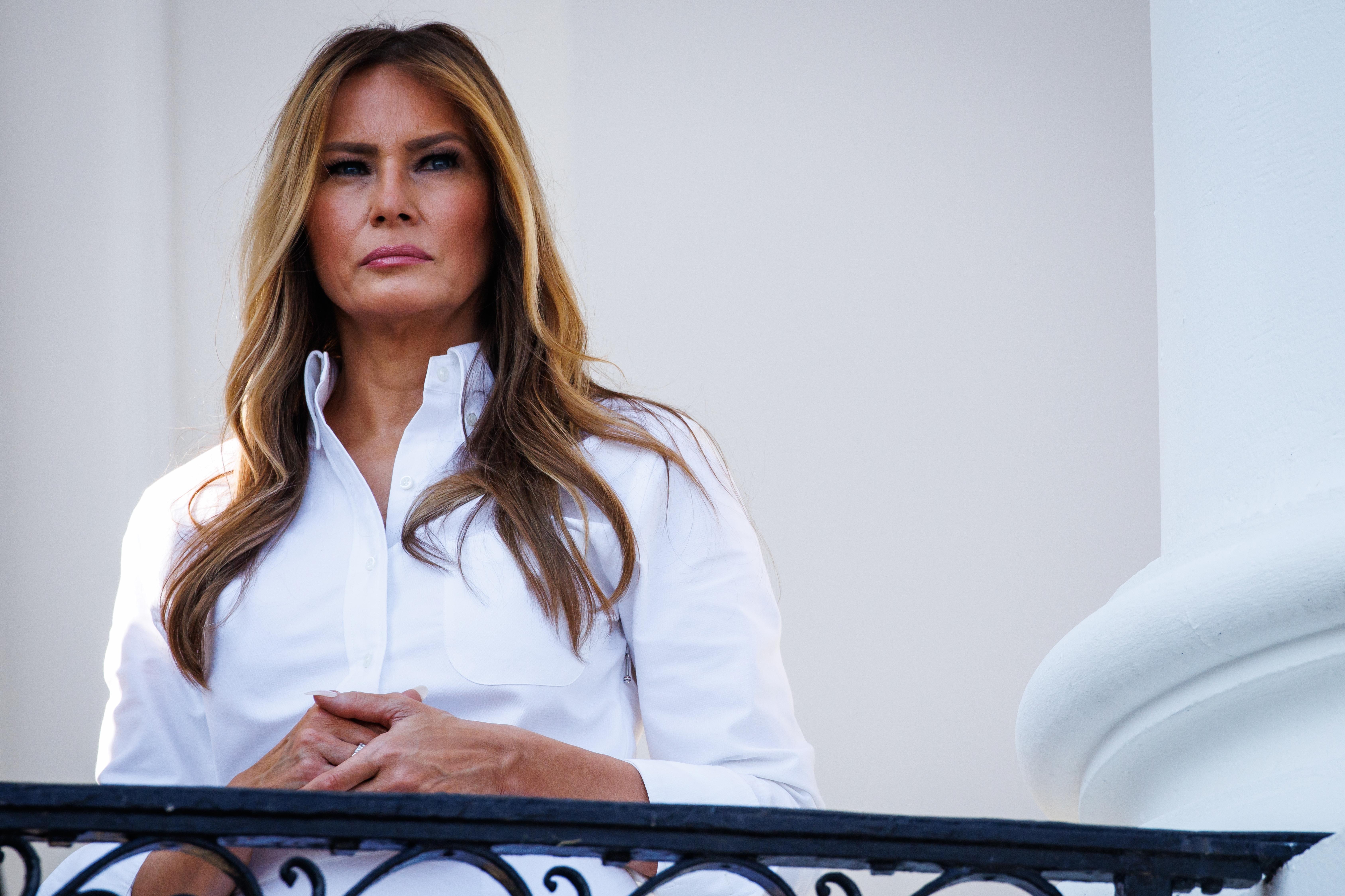 First lady Melania Trump listens as U.S. President Donald Trump (not pictured) delivers remarks during an Independence Day military family picnic on the South Lawn of the White House on July 04, 2025 in Washington, DC.