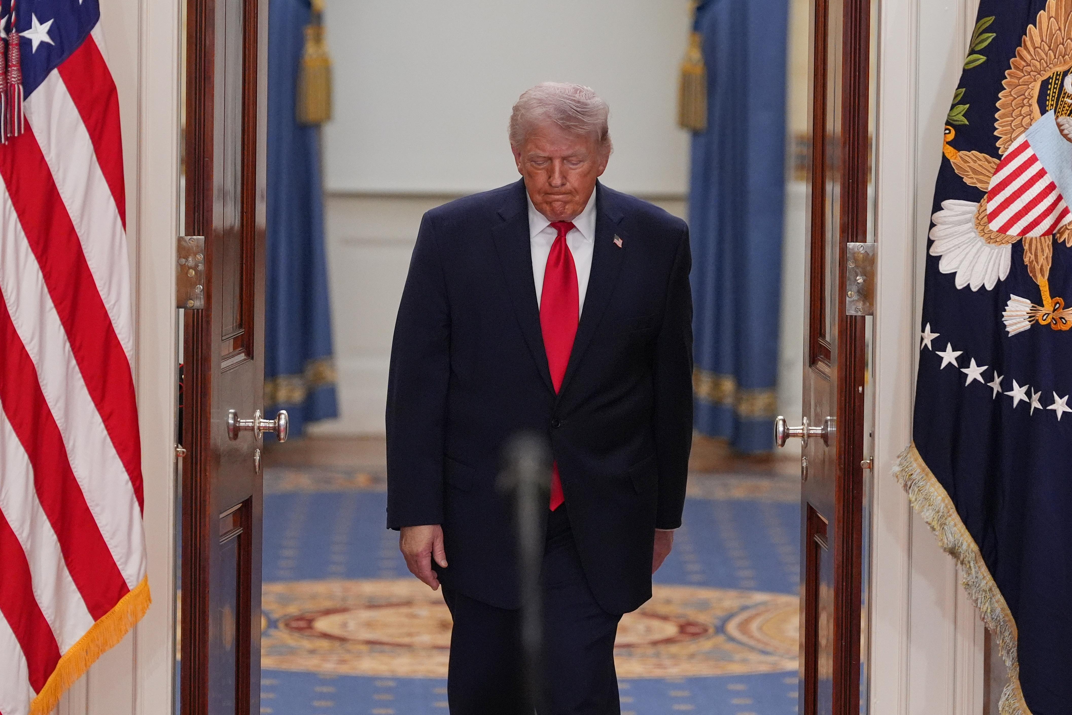 President Trump speaks from the Cross Hall of the White House on April 1. Trump used the prime-time address to update the nation on the war in Iran.