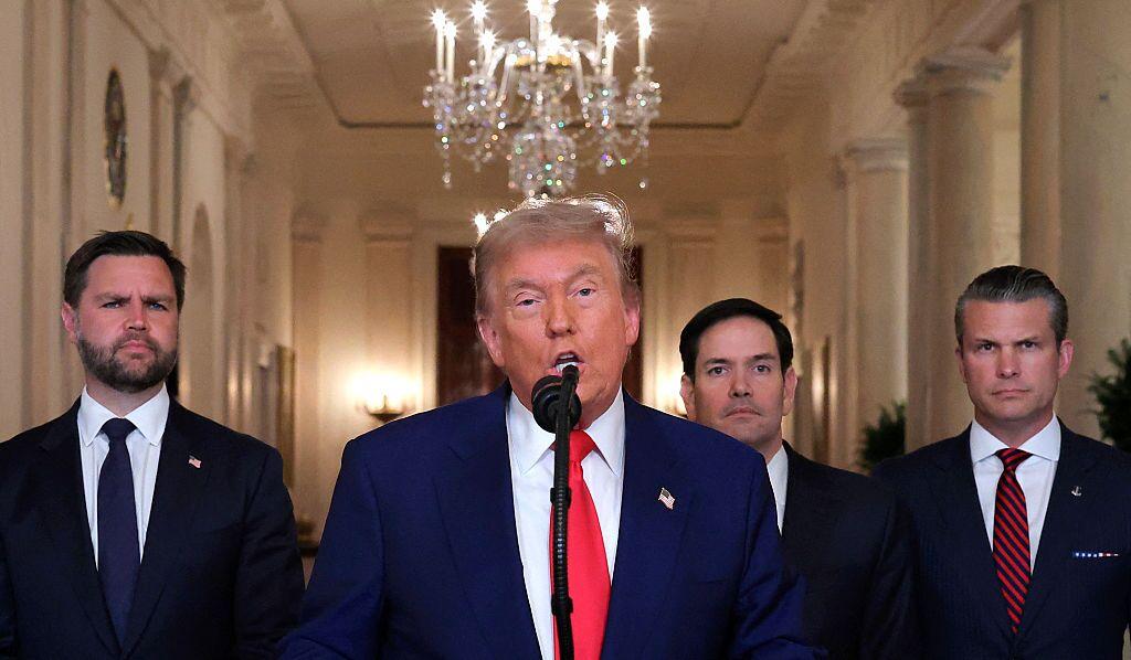 President Trump addresses the nation, alongside Vice President Vance, Secretary of State Marco Rubio and Secretary of Defense Pete Hegseth from the White House on Saturday, following the announcement that the U.S. bombed nuclear sites in Iran.