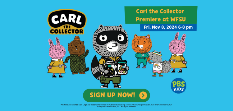 Carl the collector is a raccoon standing with two jars in front of 5 other animal friends.