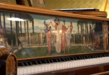 Steinway Art Case Pianos on display in Tallahassee Vintage wooden piano with painting of women dancing