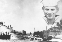 The War Story of Earl Paul Baum Black and white sketch of Navy seaman, U.S.S Oklahoma, and Pearl Harbor