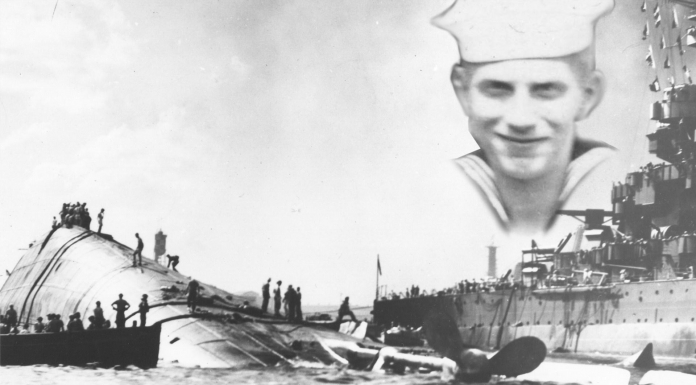 The War Story of Earl Paul Baum Black and white sketch of Navy seaman, U.S.S Oklahoma, and Pearl Harbor