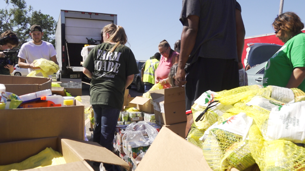 People stand among opened boxes of food.