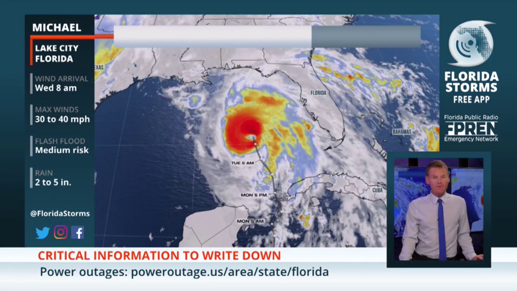 A map of hurricane with a man in lower right hand corner talkign about it.