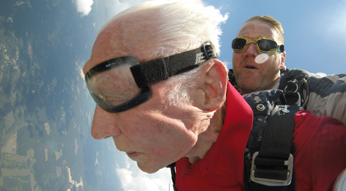 Why Did This Grandpa Jump Out Of The Airplane? Tandem skydivers in freefall