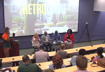 Highlights from Retro Local Screening and Panel Discussion Panel in front of Screen.