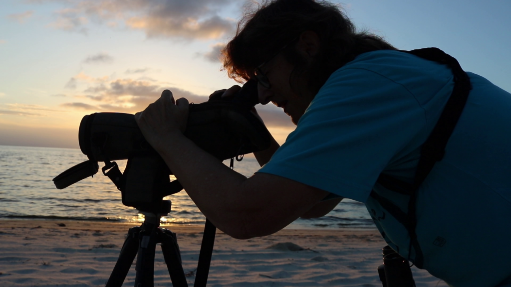 A womaman standing in front of a sunset with a camera