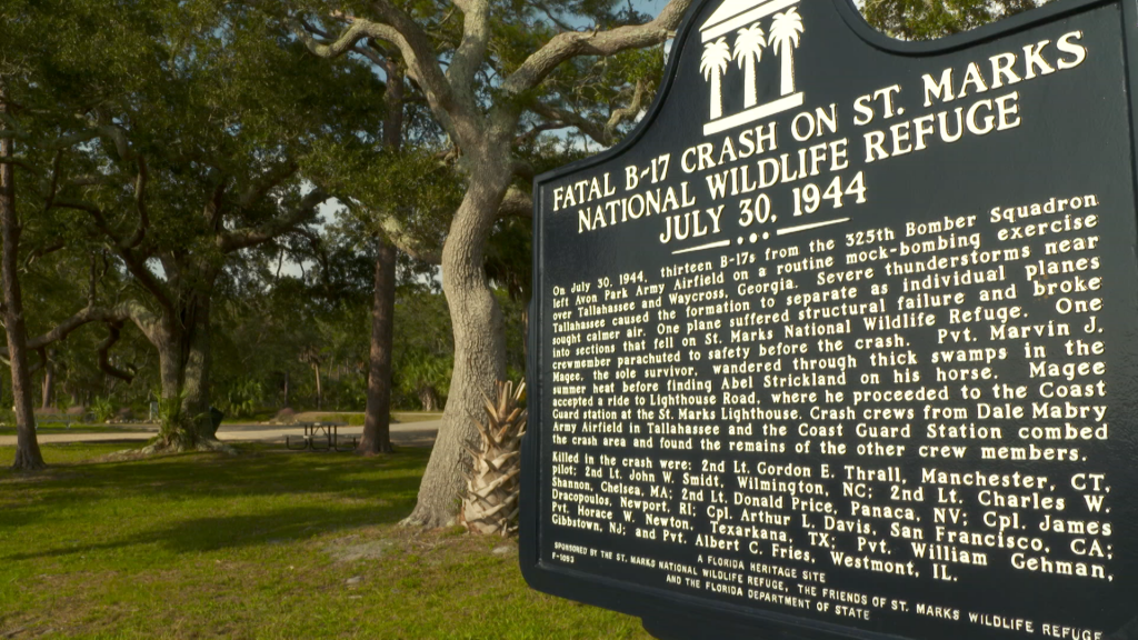 A sign in front of a tree
It says "Fatal B-17 Crash on St. Marks National Wildlife Refuge July 30, 1944"