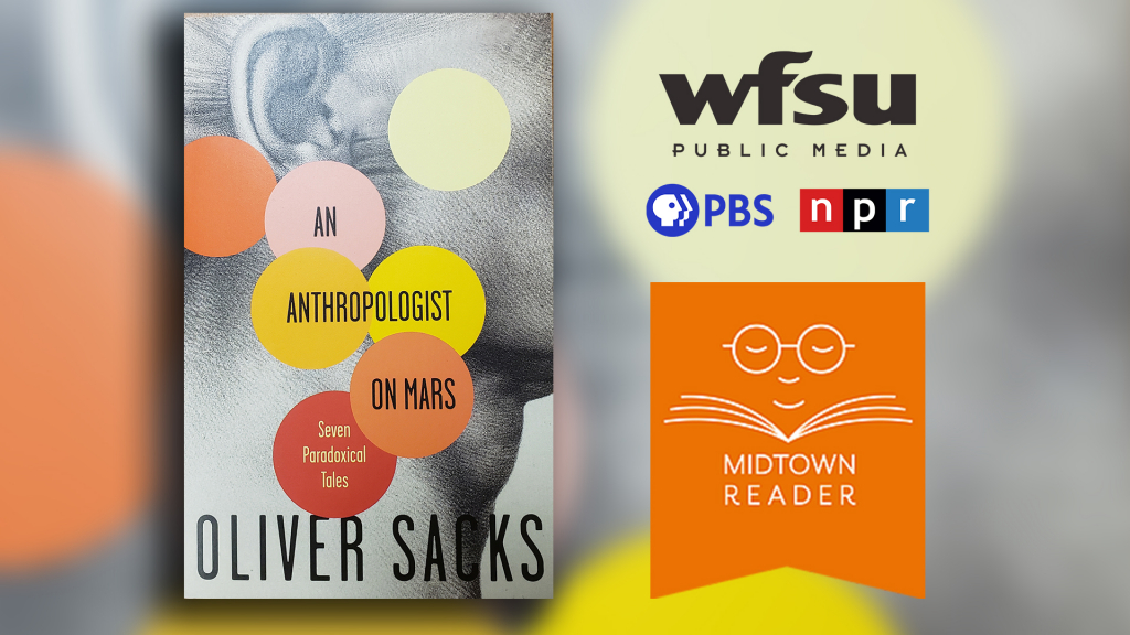 book with circles on cover and name An Anthropologist on Mars also logo for WFSU Public Media and Midtown Reader